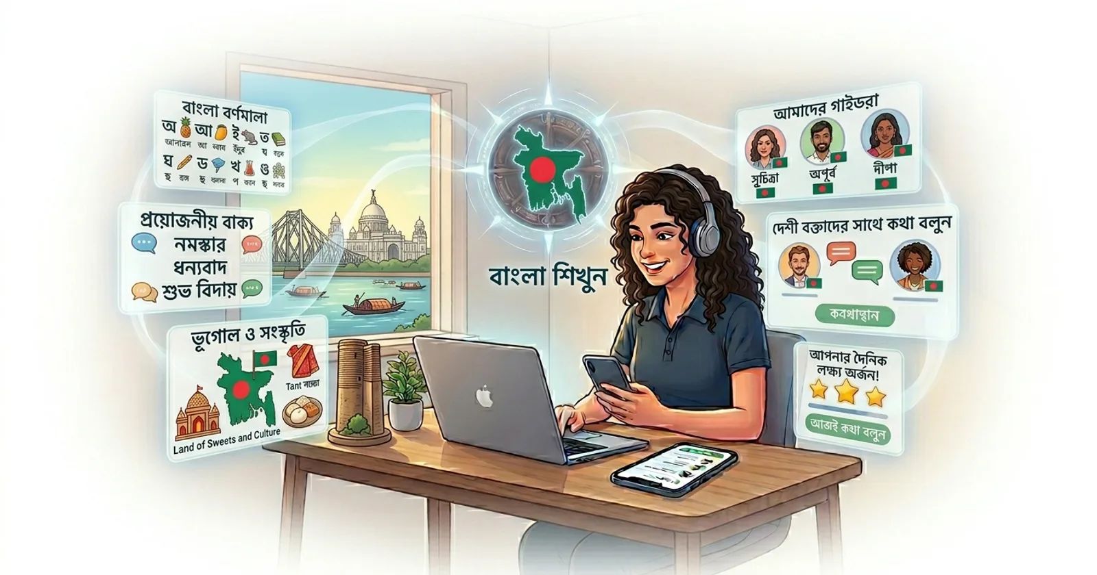 Koyi Bengali a kan layi tare da Lingocard - katunan koyo, maimaitawa a tazara da horon magana