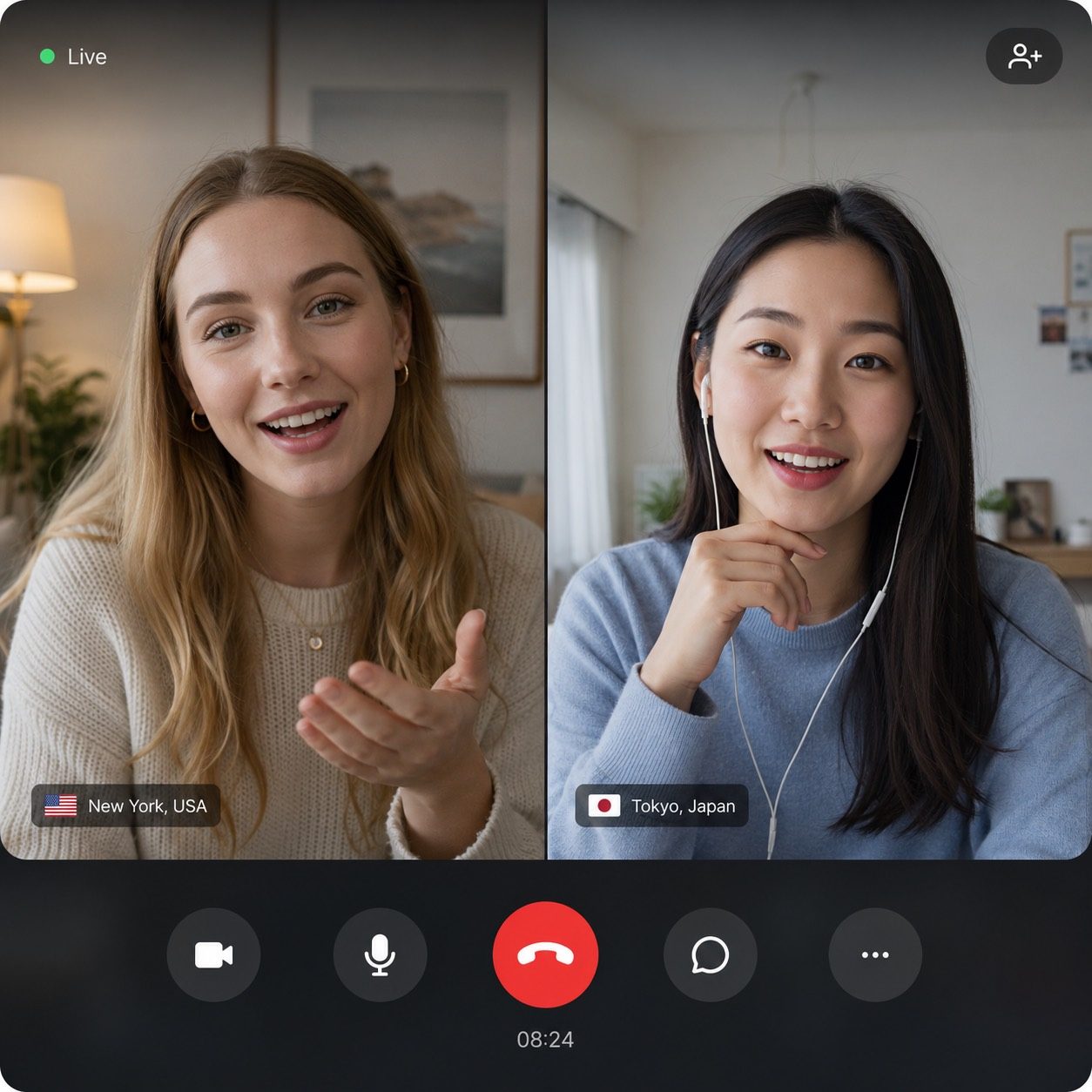 Darmowy czat wideo Lingocard między dwoma partnerami językowymi ćwiczącymi mówienie z Nowego Jorku i Tokio