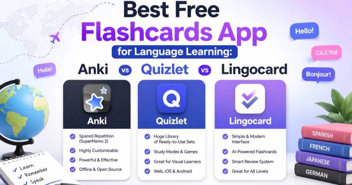 Ứng dụng thẻ ghi nhớ miễn phí tốt nhất để học ngôn ngữ: Anki vs Quizlet vs Lingocard