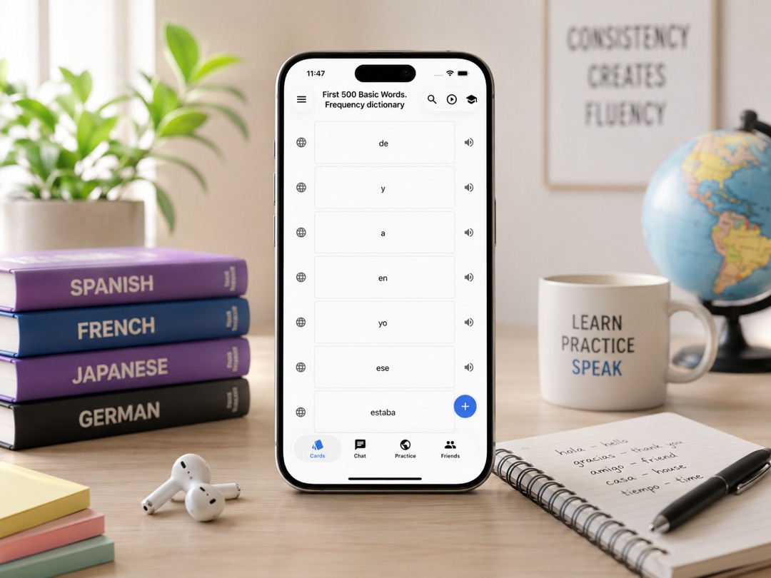 Lingocard flashcard with a built-in audio player pronouncing a foreign word and its translation aloud