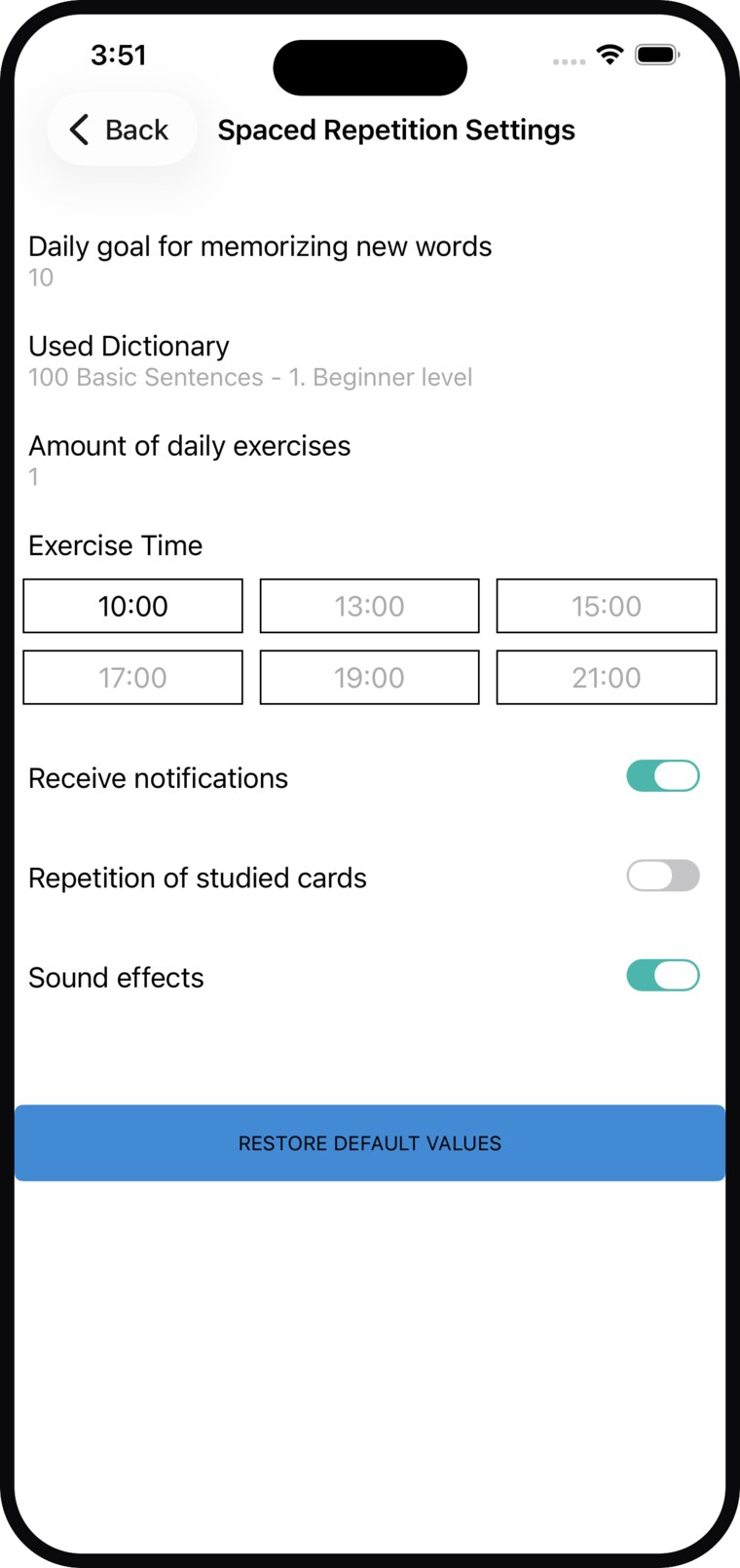 Dejinta ku-celcelinta kala fog ee Lingocard ee iPhone: bartilmaameedka maalinlaha ah ee erayada cusub, qaamuuska la isticmaalo, tirada layliyada maalinlaha ah, waqtiga layliga, ogeysiisyada, ku-celcelinta kaararka la bartay, iyo saamaynta codka