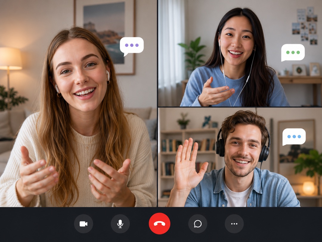 Dua rakan bahasa dalam panggilan video langsung berlatih bertutur bersama, seorang di New York dan seorang di Tokyo, di rangkaian latihan pertuturan Lingocard