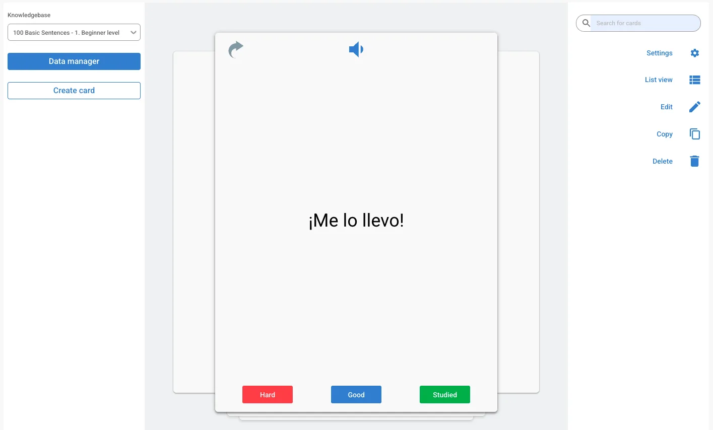 Cùng một bộ thẻ tiếng Tây Ban Nha mở trong ứng dụng web Lingocard trên laptop