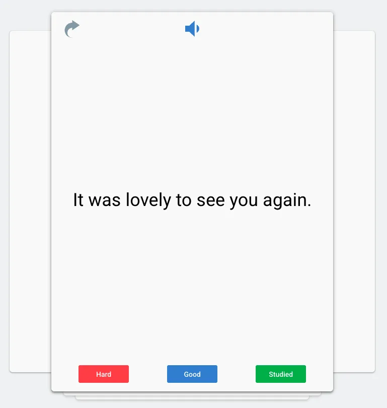 Một thẻ ghi nhớ tiếng Tây Ban Nha đang được ôn theo lặp lại ngắt quãng trong ứng dụng web Lingocard, với nút lật và nút âm thanh cùng các nút đánh giá Khó, Tốt và Đã thuộc